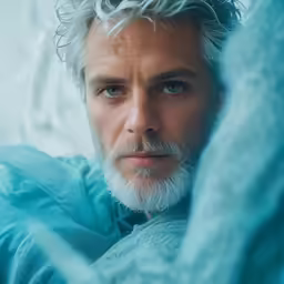 a man with grey hair wearing blue sweater