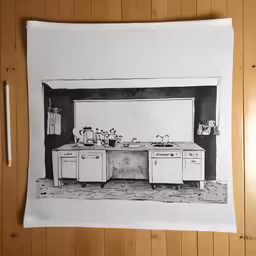 there is a drawing of a kitchen on a wall