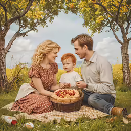 a woman, man and child sitting on a blanket outside eating fruit