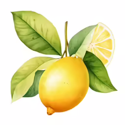 a yellow lemon with green leaves on a white background