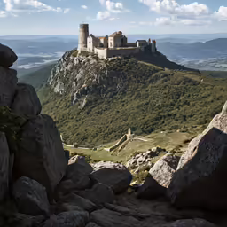 the castle on a small hill has a path going up it