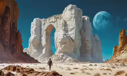a man standing in the desert, surrounded by rocky formations
