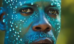 a man with his face painted and blue
