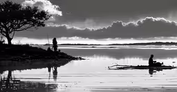 two people standing on a small boat in a body of water,two people on the water in their canoes