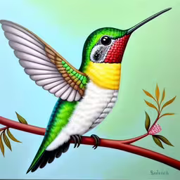 painting of colorful bird sitting on tree branch,a bird with colorful wings on a branch,a hummingbird painting sitting on top of a branch,a bird is flying low to the ground while sitting on a branch,this colorful hummingbird is sitting on a tree branch