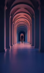 man walking in an illuminated corridor with arched arches