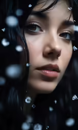 a girl wearing long lashes looks at bubbles in the air