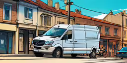 a drawing of a van next to a motorcycle parked on the street,a van parked in the middle of a street