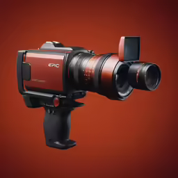 an orange video camera attached to a tripod