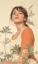 a young woman sitting on the ground with some plants