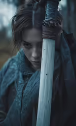 a person with long hair holding a sword