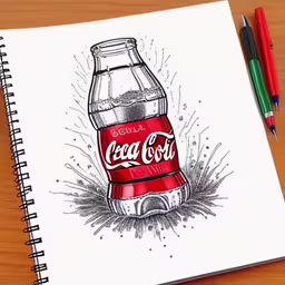 pencils are in front of a drawing of a coke cola bottle,a book with a drawing of a coke cola