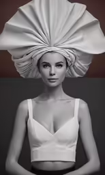 a model in white, dressed as a turban and posing for the camera