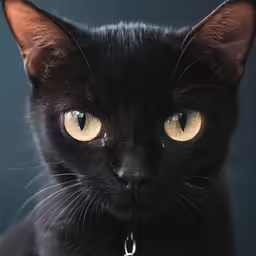 a black cat with yellow eyes looks at the camera