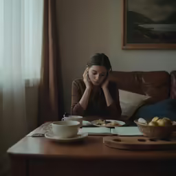 a woman sitting on a couch with her head in her hands