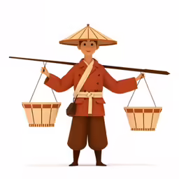 a man holding three baskets on top of his head