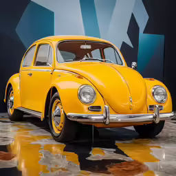 a yellow car on display with the back end lights down