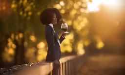 a woman in a suit holding a glass of wine