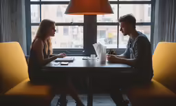 two people sitting at a table in a dimly lit room