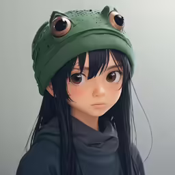 a girl wearing a frog hat with big eyes