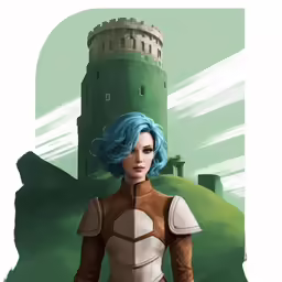 a woman in a blue wig stands near a castle