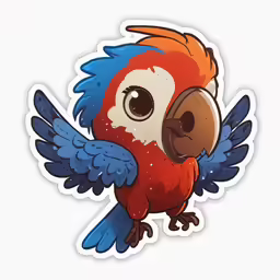 a cartoon style sticker depicting a red and blue bird with blue wings