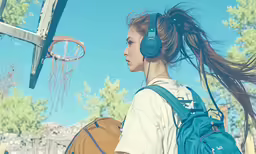 a girl with a ponytail is wearing headphones near a basketball hoop