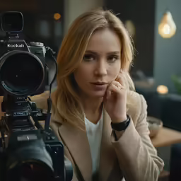 a woman holding a video camera in her hands