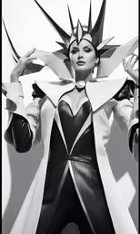 the woman in the costume is wearing a cape and holding out her hands to her face