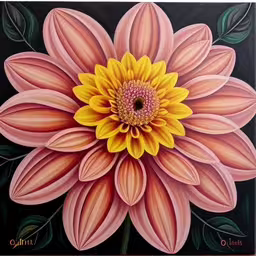 a painting of a yellow flower with leaves,a large pink flower painted on top of a black background,a colorful flower is painted on the canvas,this is an acrylic oil painting of a pink and yellow flower,a painting that shows a large flower with green leaves