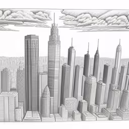 a pencil drawing of a city skyline with skyscrapers,an image of a drawing of the city