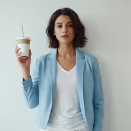 a woman holding a cup of coffee with her right hand