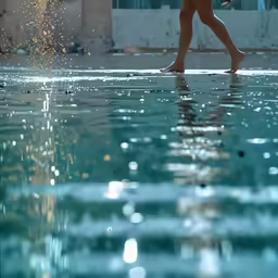 a women who is walking across a swimming pool