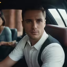 man in vest sitting next to woman in a car