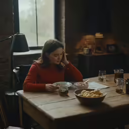 woman in red eating food at the table