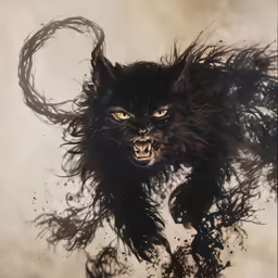 a painting of a black cat with huge hair