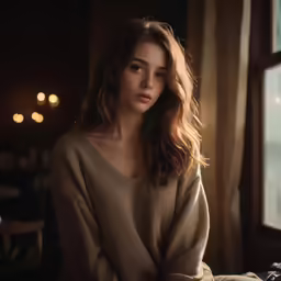 woman sitting in front of a window with candles around her