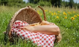 a person wearing a white and red checkered shirt lays in the grass with their arms over the back of the basket