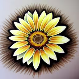 an artistic wall decoration of yellow sunflowers on white,a sunflower in bright yellow and white on a ceiling,a yellow flower on a white wall,a white and yellow painted sunflower with green leaves,a large yellow and white flower with brown stems