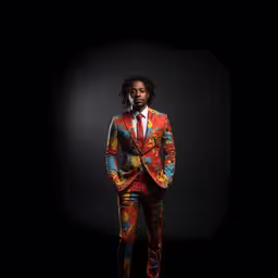 a man in a suit wearing a colorful tie,a man in a colorful suit is posing for the camera
