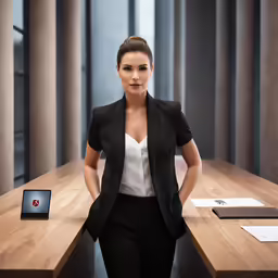 a woman stands next to a wooden table