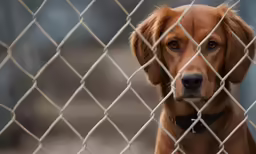 a cute dog behind a chain link fence