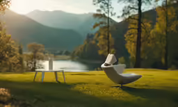 a beautiful chair and a table in the middle of a field with mountains in the background