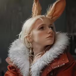 a woman with blond hair and a red coat has a fox ears hat on
