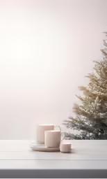 two coffee mugs next to each other on a table with snowy trees in the background