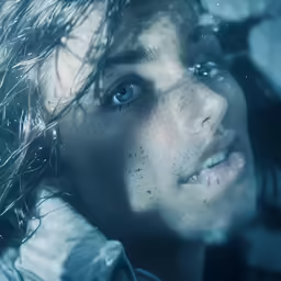 an image of a woman looking forward with rain on her face