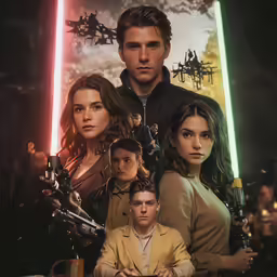 a poster with characters, a lightsaben, and two swords