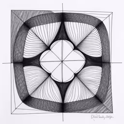 a drawing of a spiral design made in black ink,a picture with squares and lines in the center