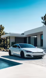 the white tesla parked outside a house by the pool