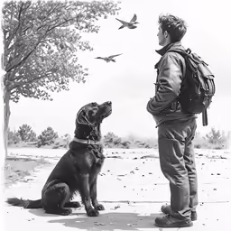 a man looking at birds flying above him and his dog